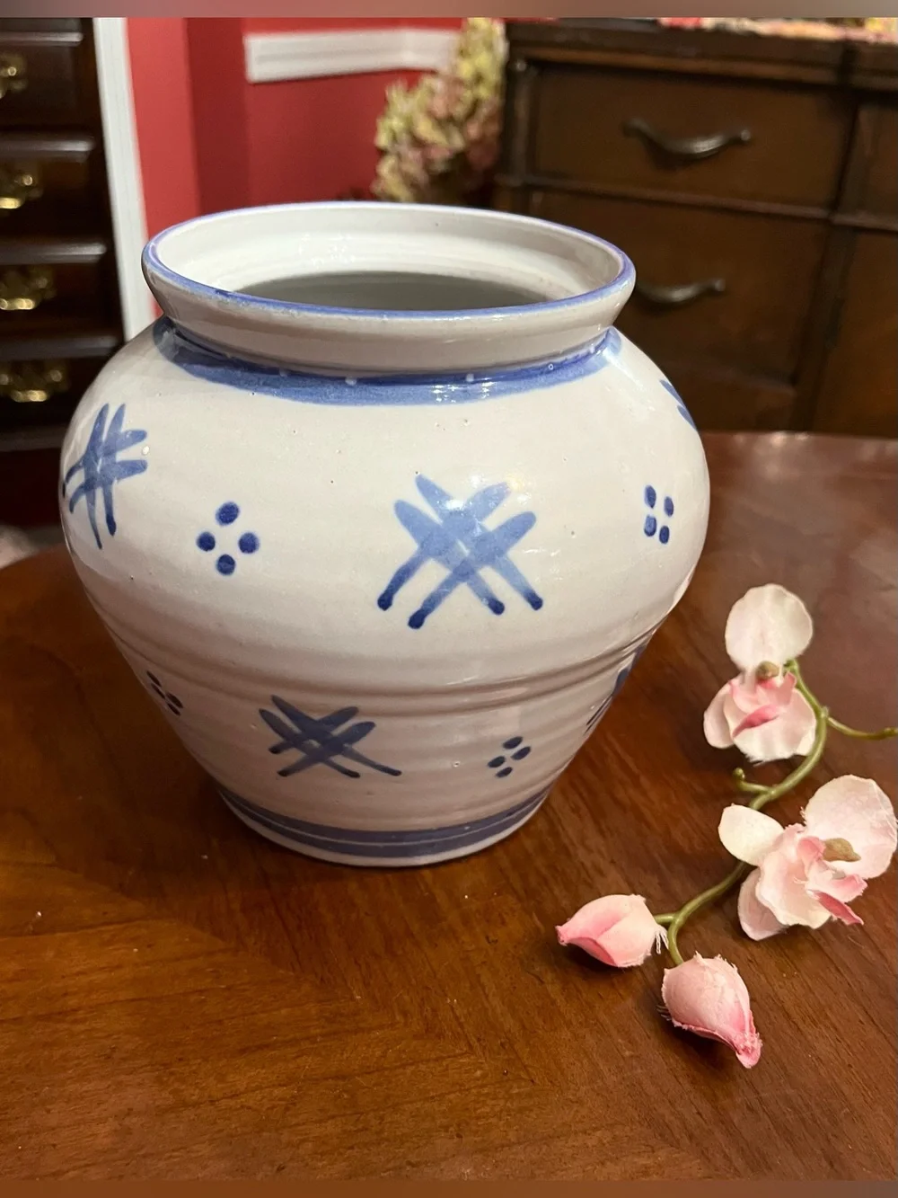 VTG Tury Studio Art Pottery Salt Glaze Vase Cobalt Blue Folk Art Pattern